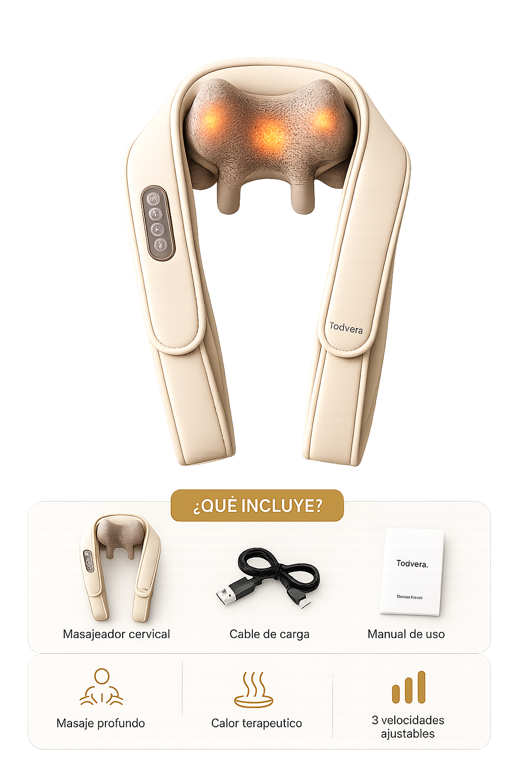 Masajeador Cervical Todvera® 3D con Calor | 3 Velocidades Regulables