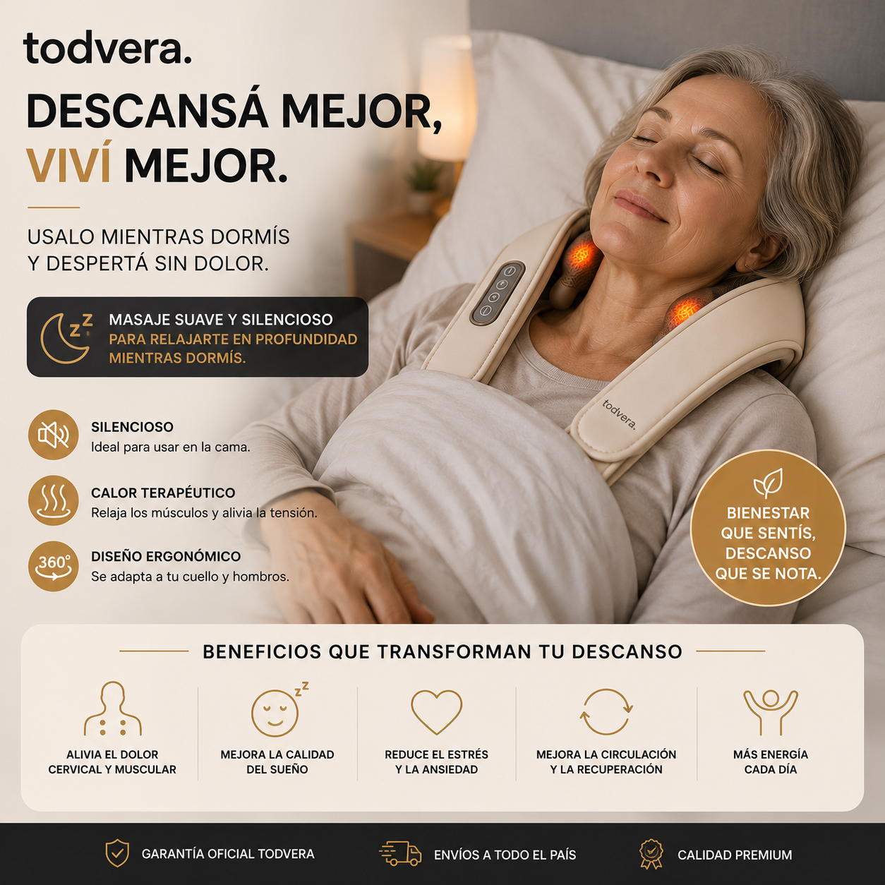 Masajeador Cervical Todvera® 3D con Calor | 3 Velocidades Regulables